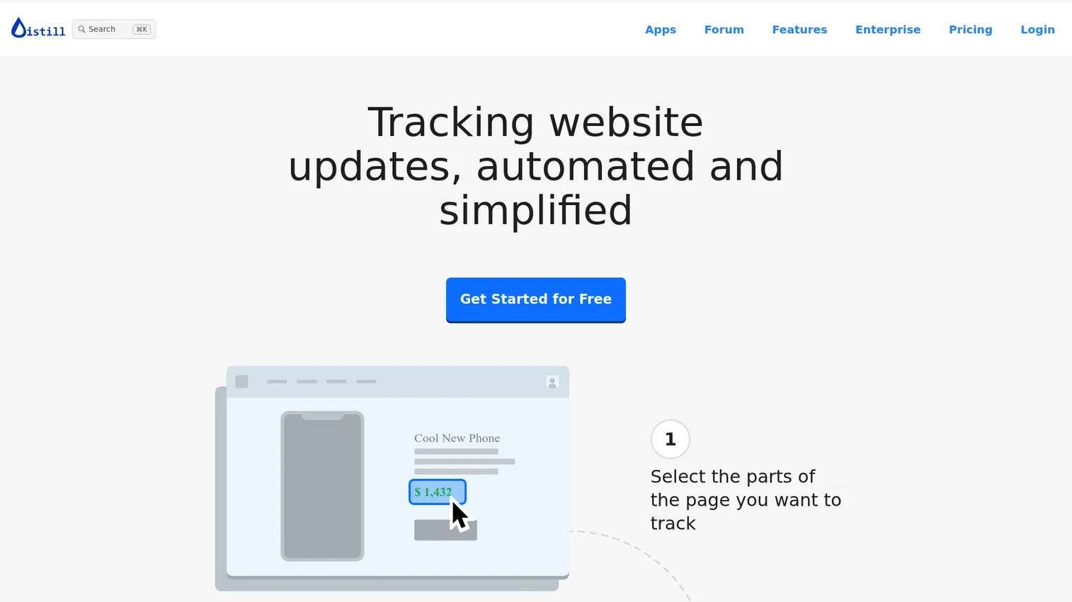 Distill.io browser-based website change monitor selecting page content