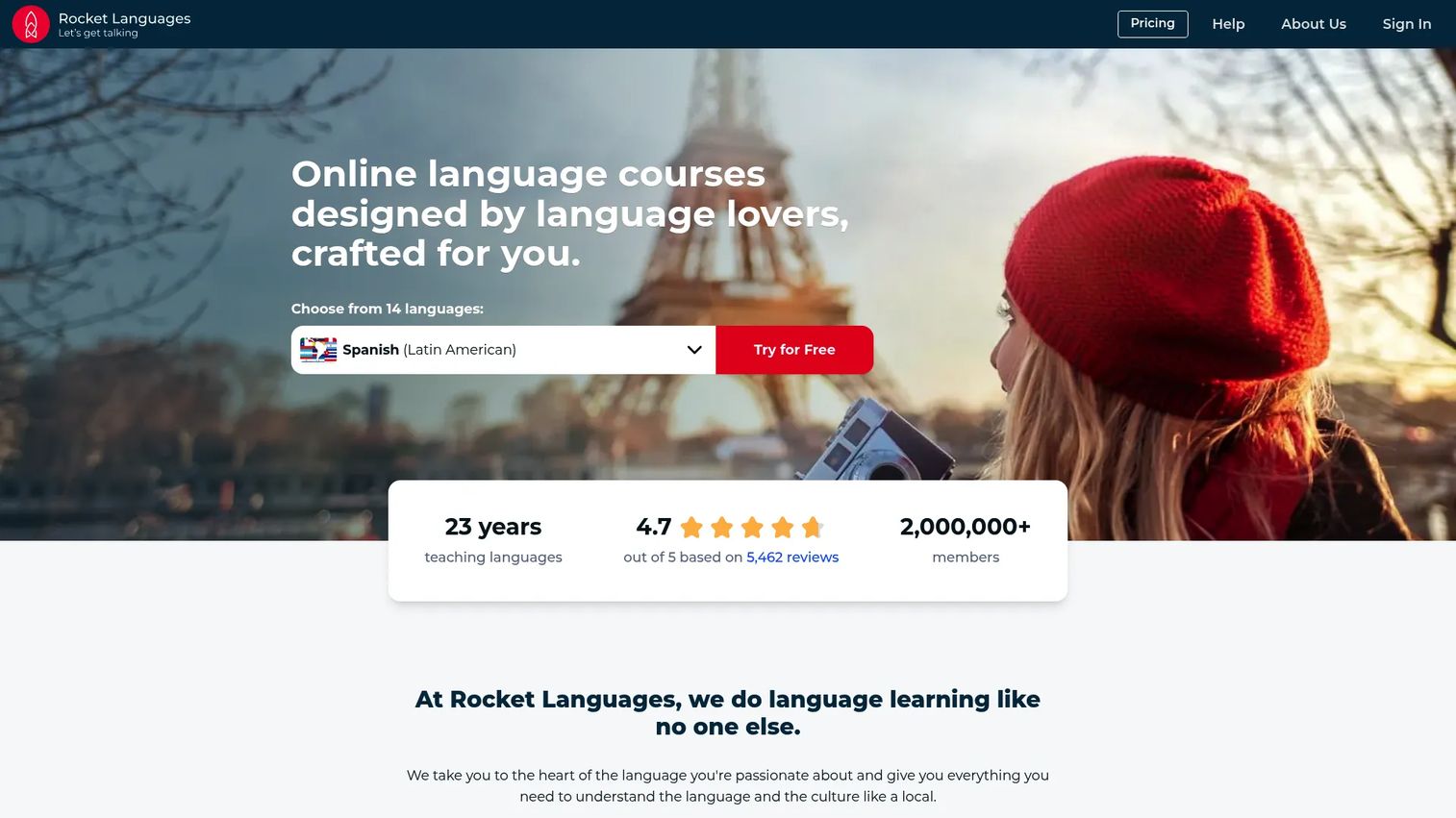 Rocket Languages course dashboard with audio lessons and grammar explanations