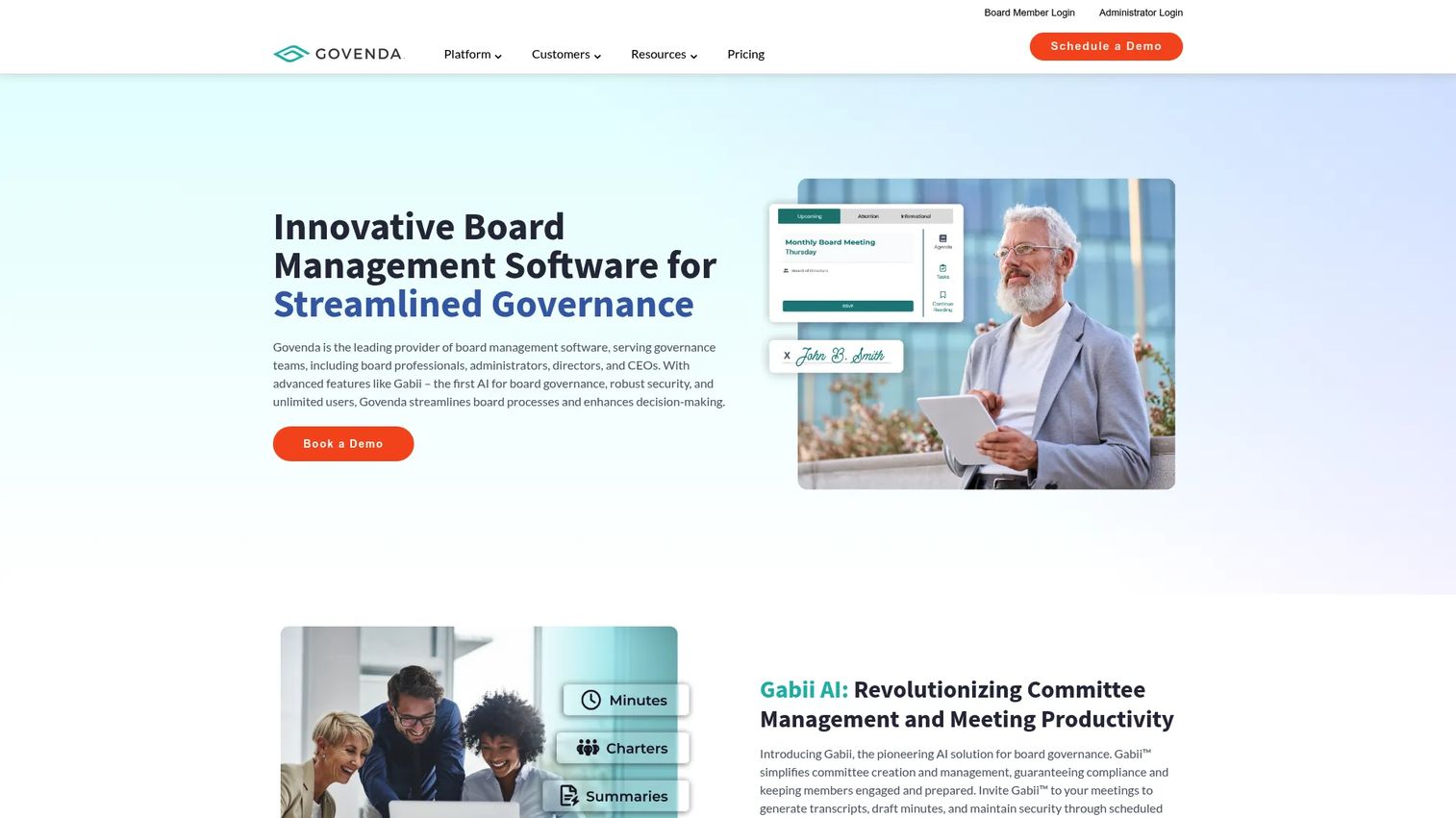 Govenda board portal homepage