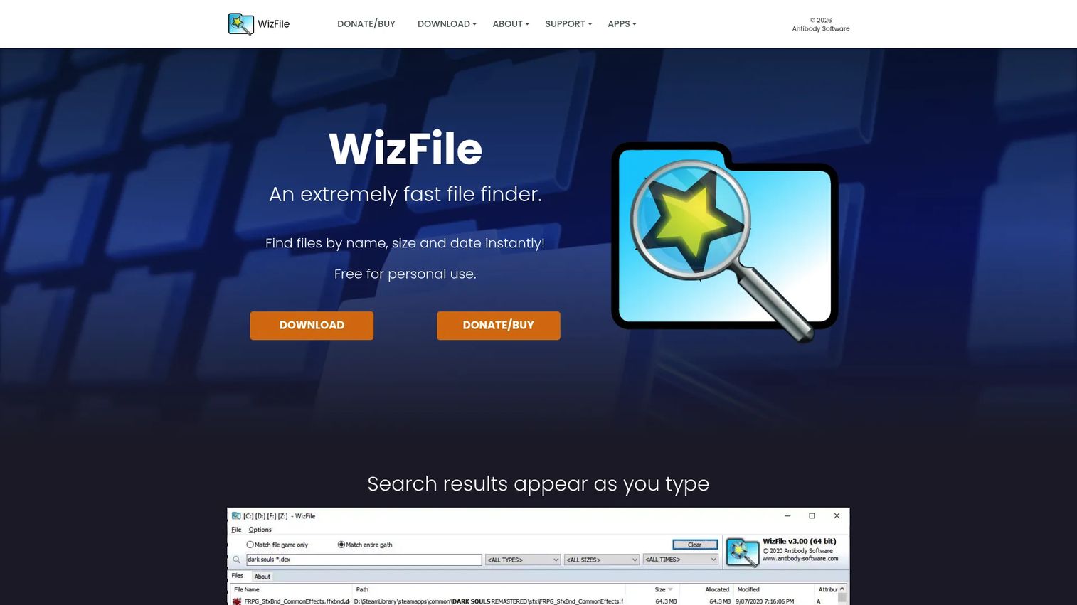 WizFile interface showing fast local file search