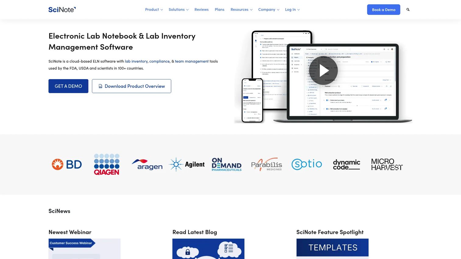 SciNote homepage screenshot