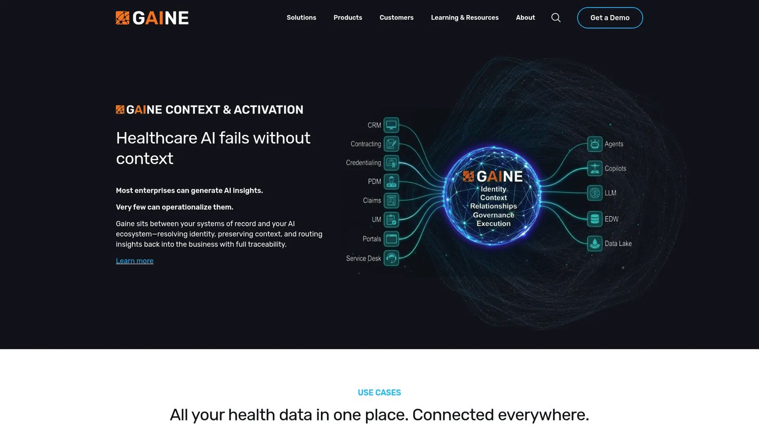 Gaine Health Data Management Platform homepage screenshot