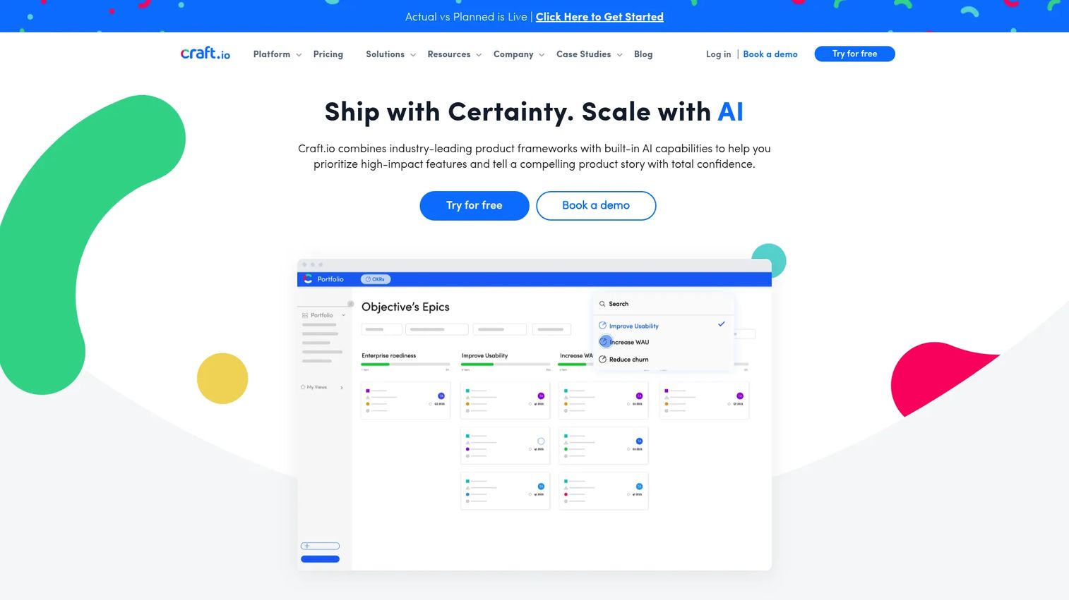 Craft.io product strategy and roadmap board