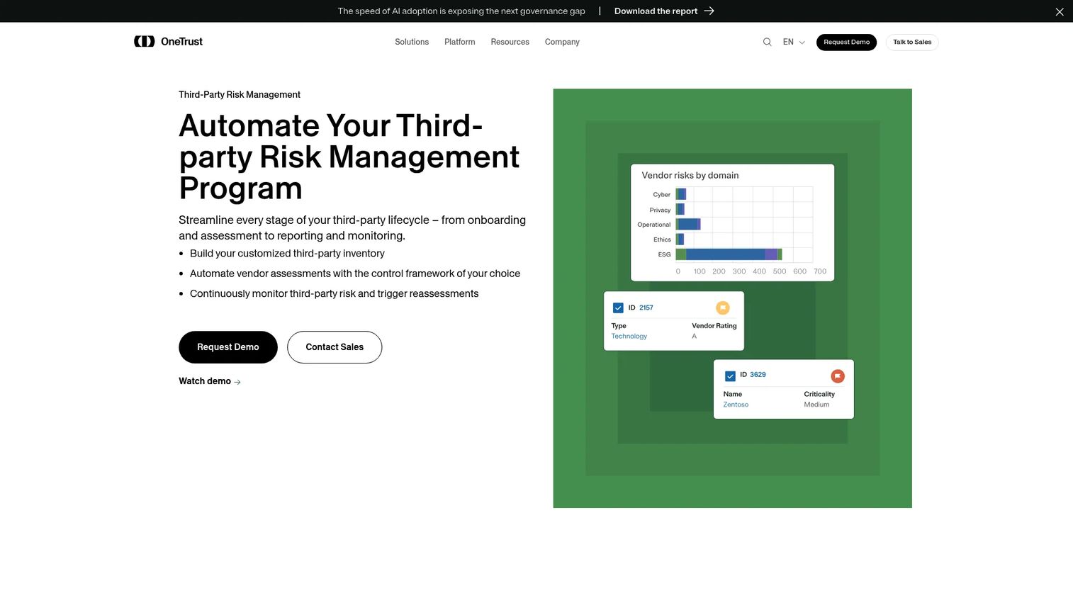 OneTrust Third-Party Risk Management platform showing vendor inventory, assessment workflow, and third-party risk dashboard
