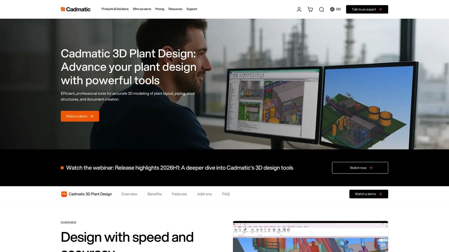 CADMATIC 3D Plant Design model with piping, equipment, cableways, and point-cloud data.