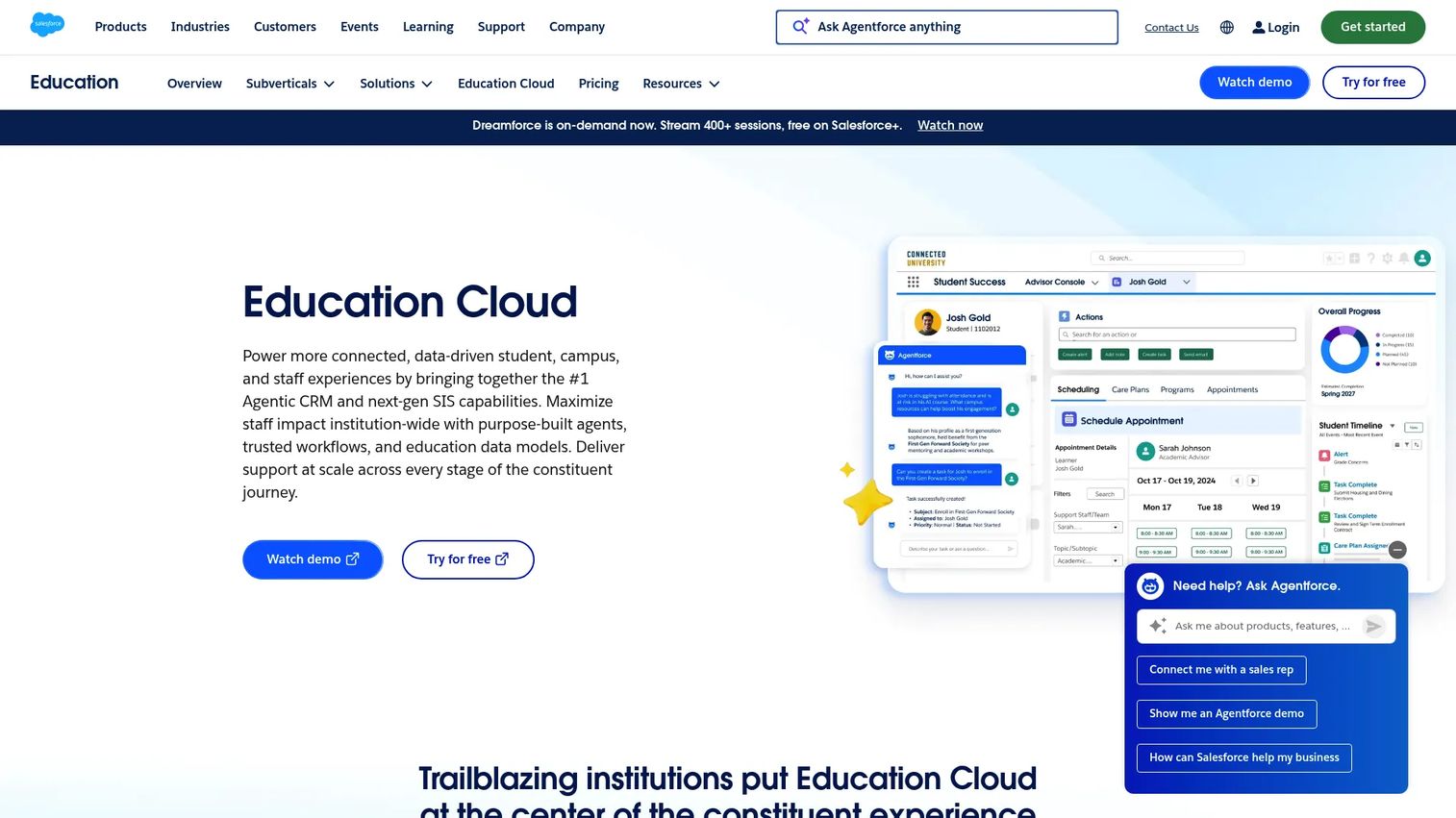 Salesforce Education Cloud student profile and advising relationship management dashboard.