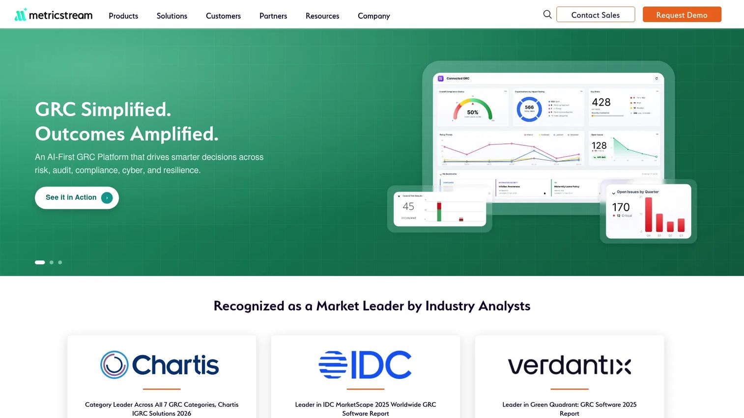 MetricStream GRC software dashboard for compliance, risk, and audit management.