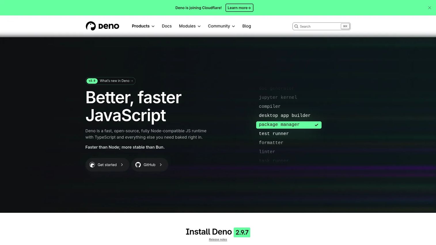Deno runtime homepage showing the secure JavaScript and TypeScript runtime with integrated toolchain