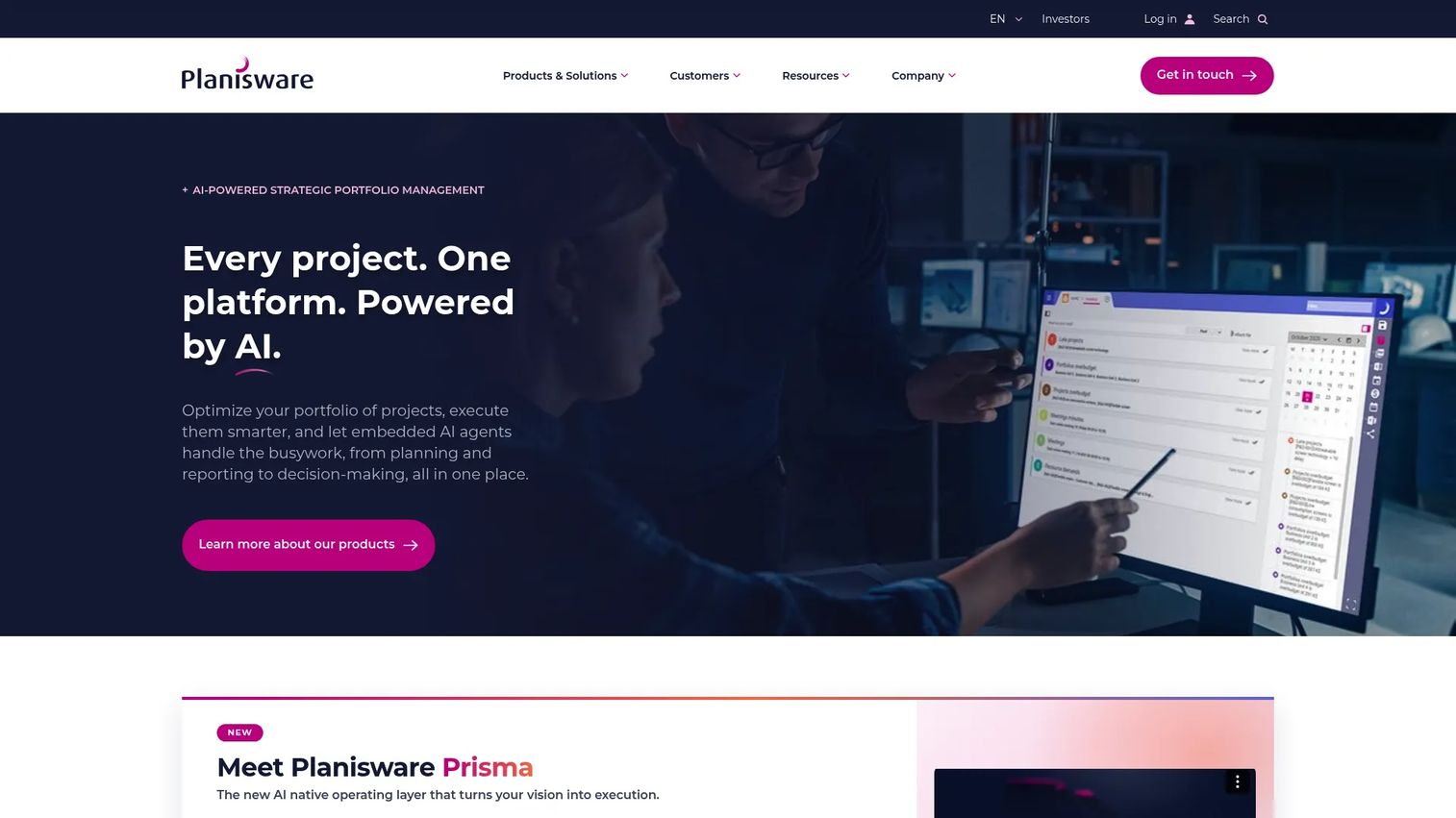 Planisware Enterprise portfolio financial planning and resource scenario dashboard