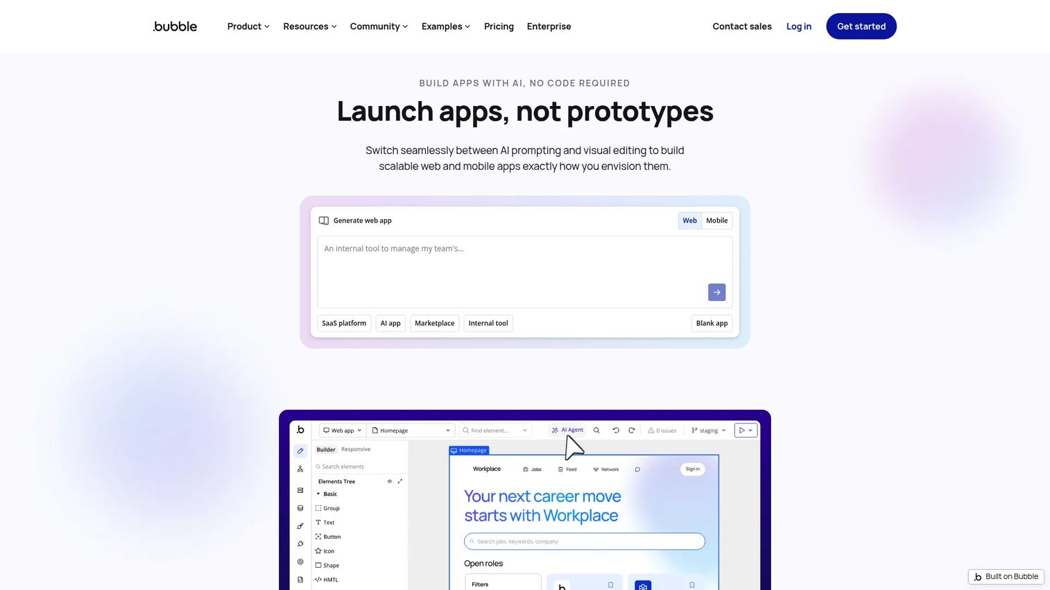 Bubble visual app editor showing workflow logic and a web application canvas