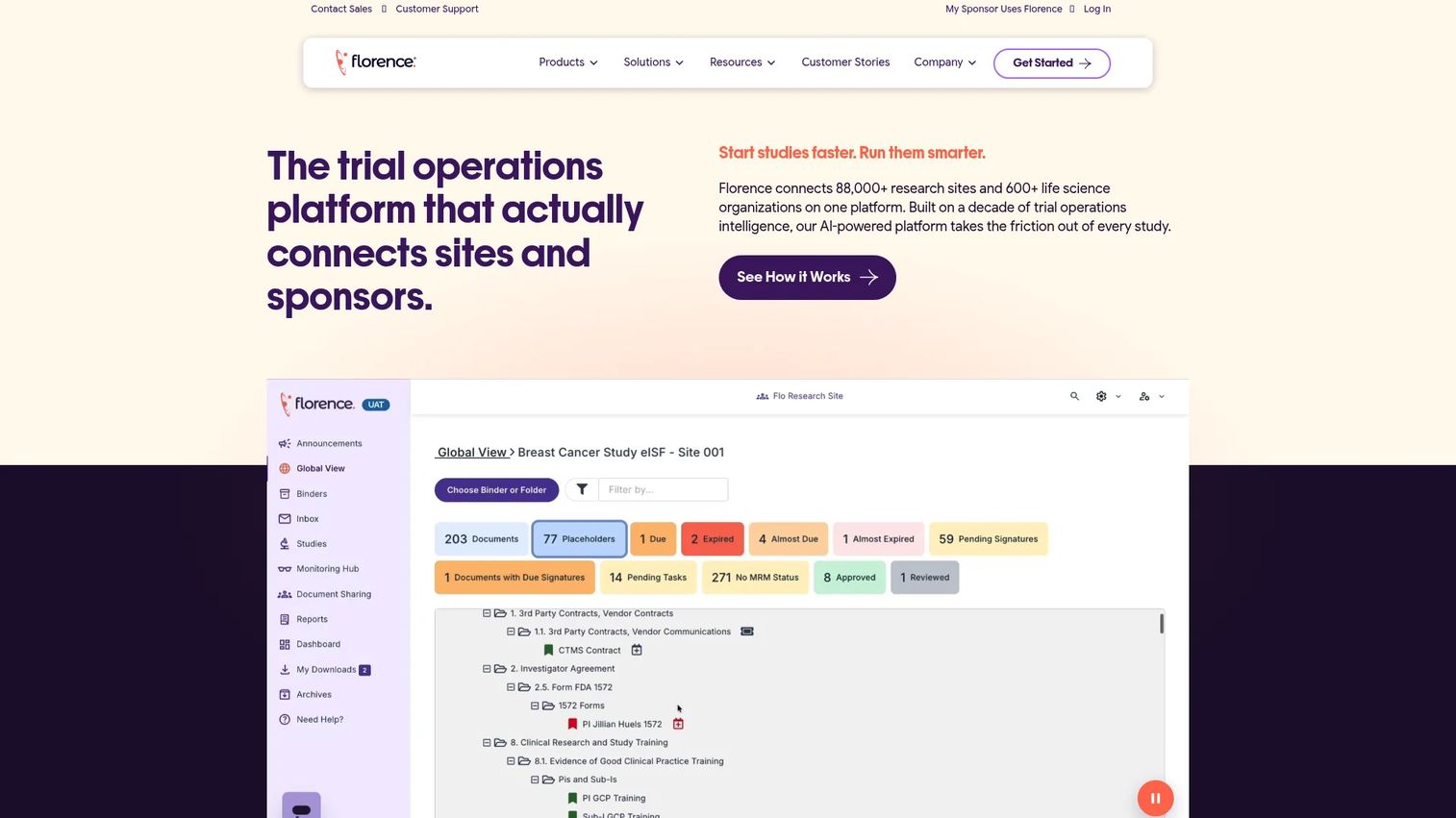 Florence eTMF workflow for site and sponsor clinical documents