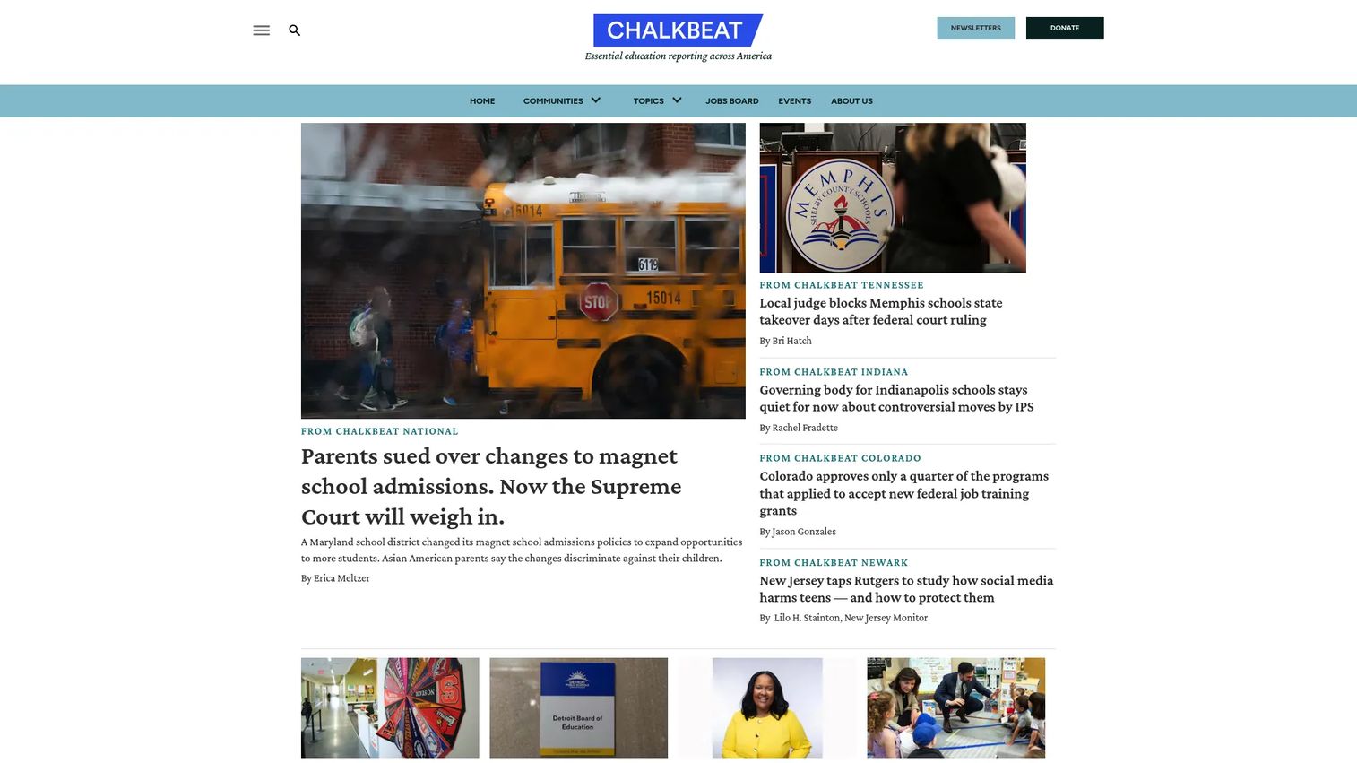 Chalkbeat homepage showing education journalism and local school coverage