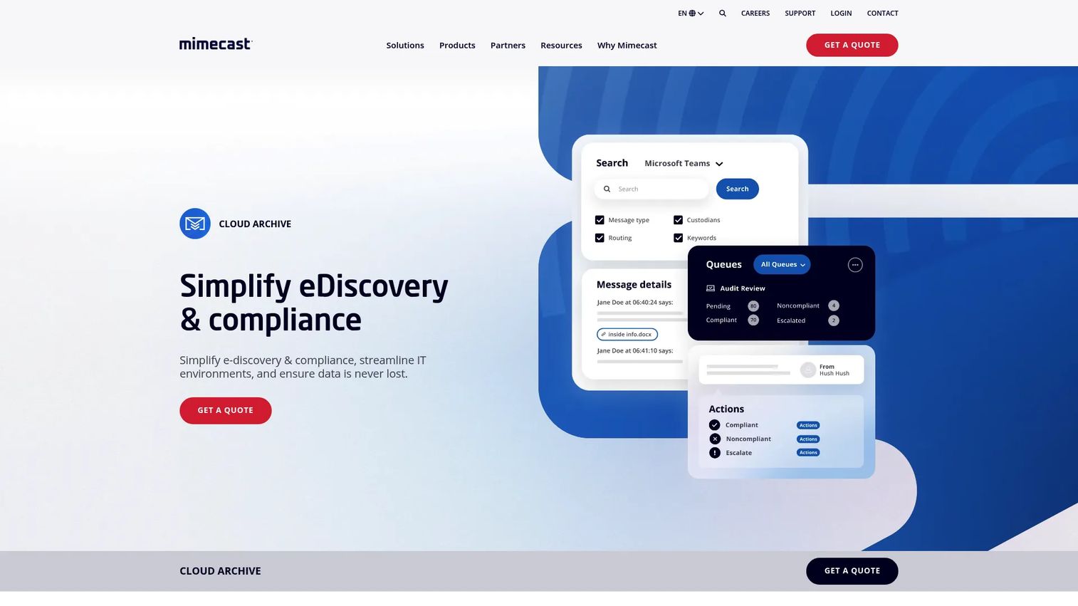 Mimecast Cloud Archive search and retention administration screen