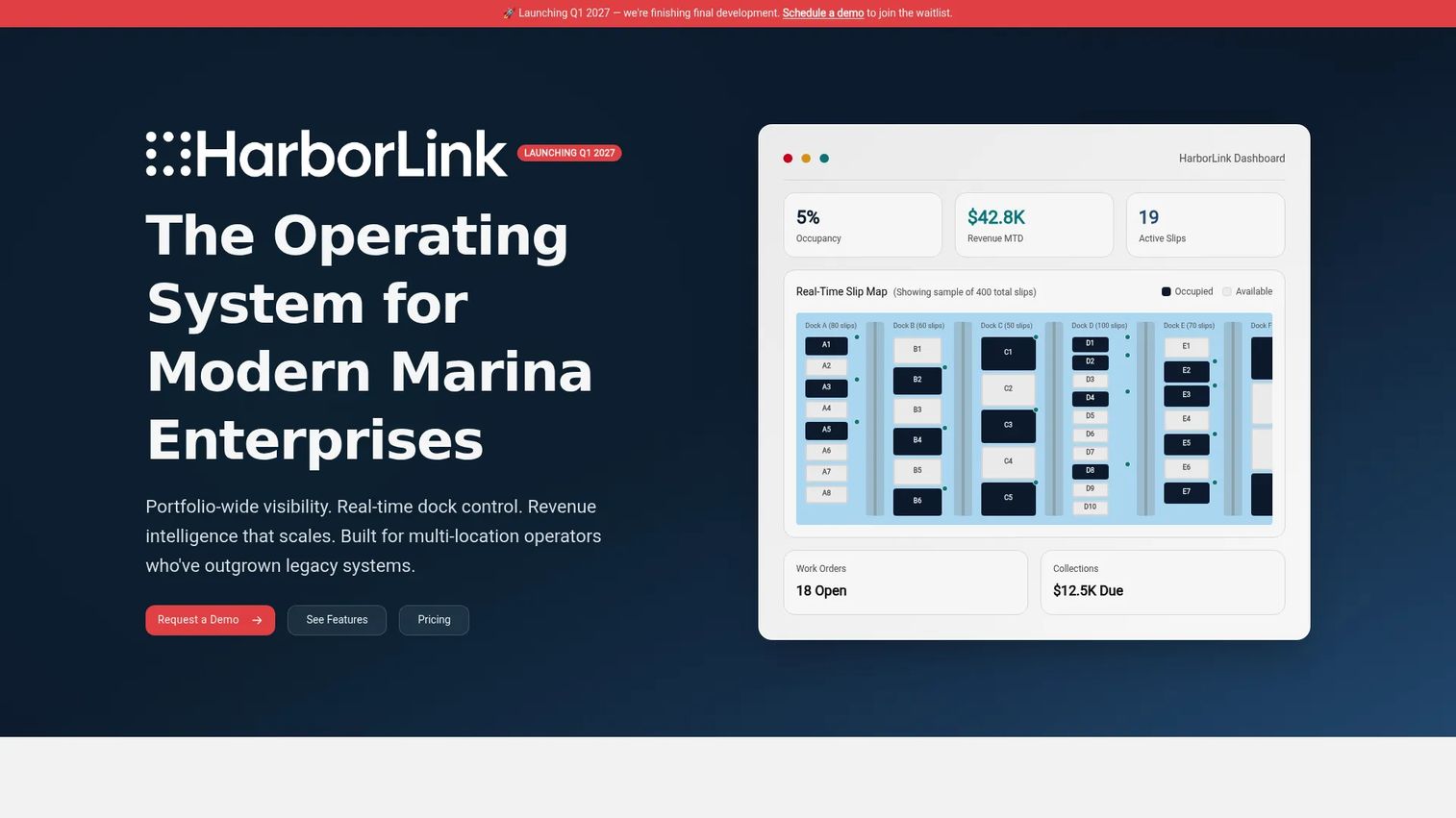 HarborLink marina operations dashboard with slip and reservation management
