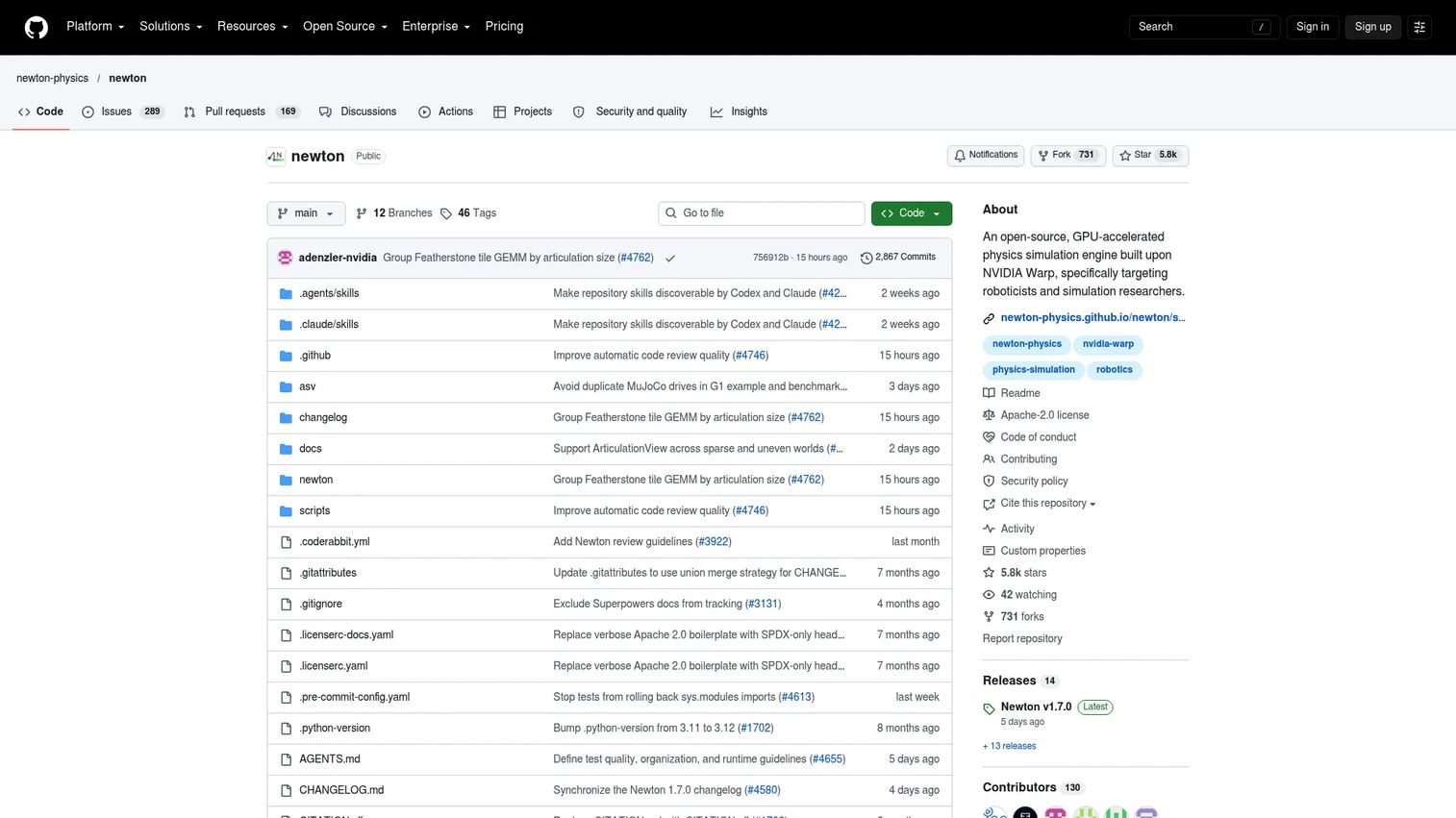 Newton physics engine GitHub screenshot