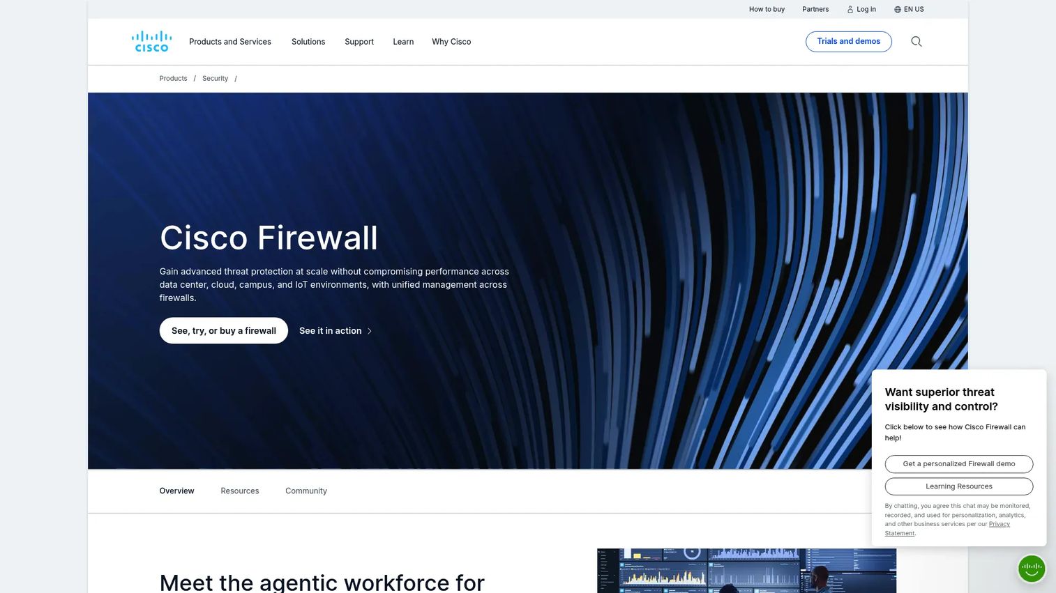 Cisco Secure Firewall product page showing advanced threat protection and firewall management