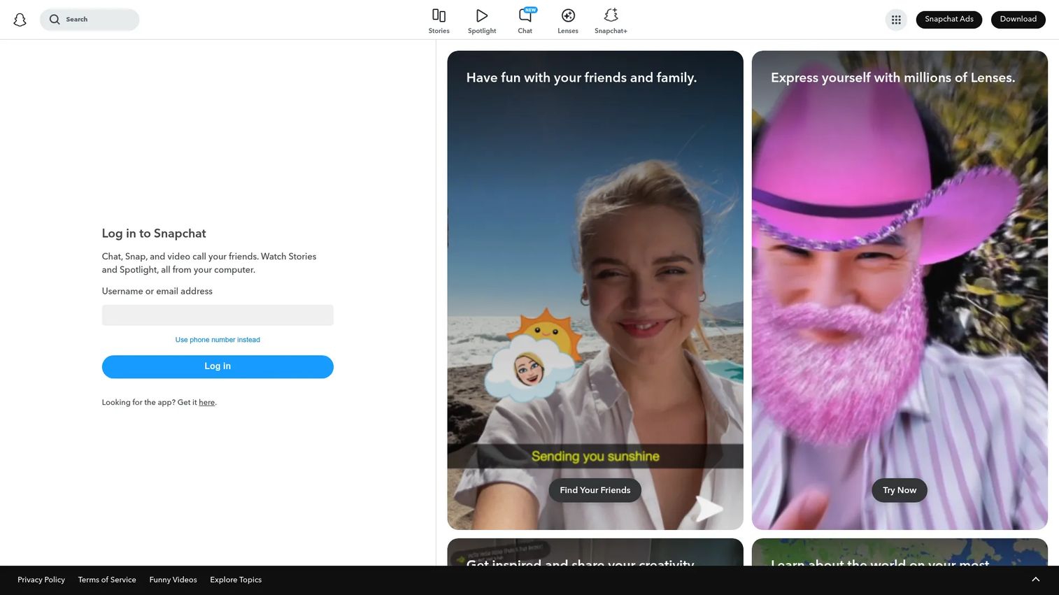 Snapchat camera-first content and AR lens interface