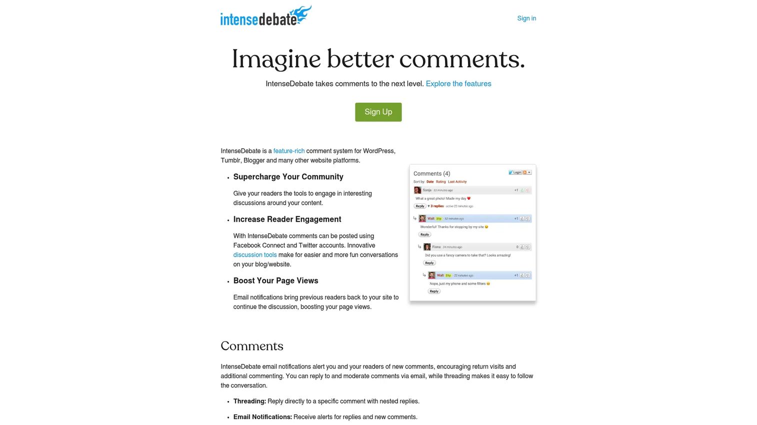 IntenseDebate homepage screenshot