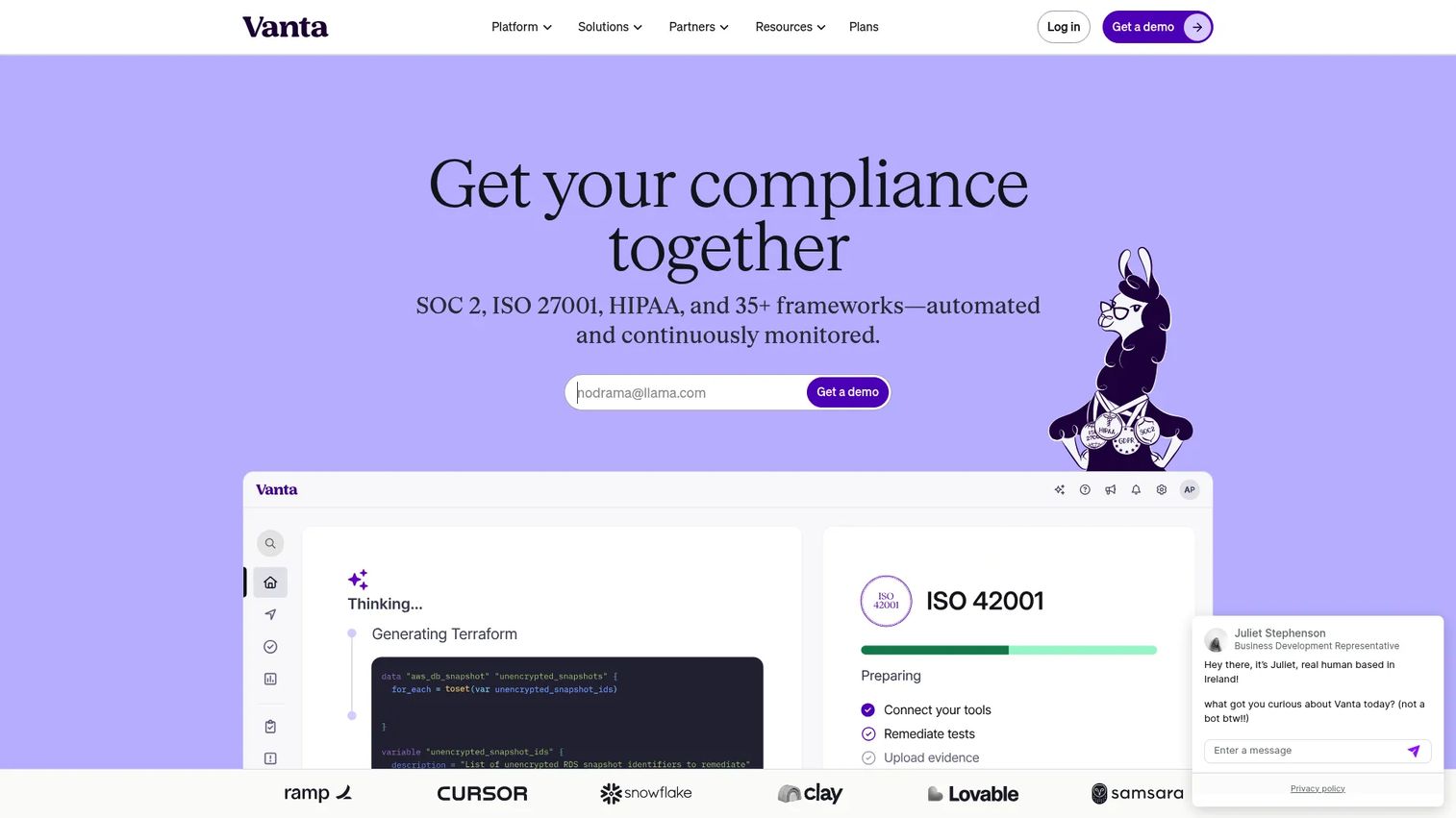 Vanta homepage screenshot showing compliance and trust management platform