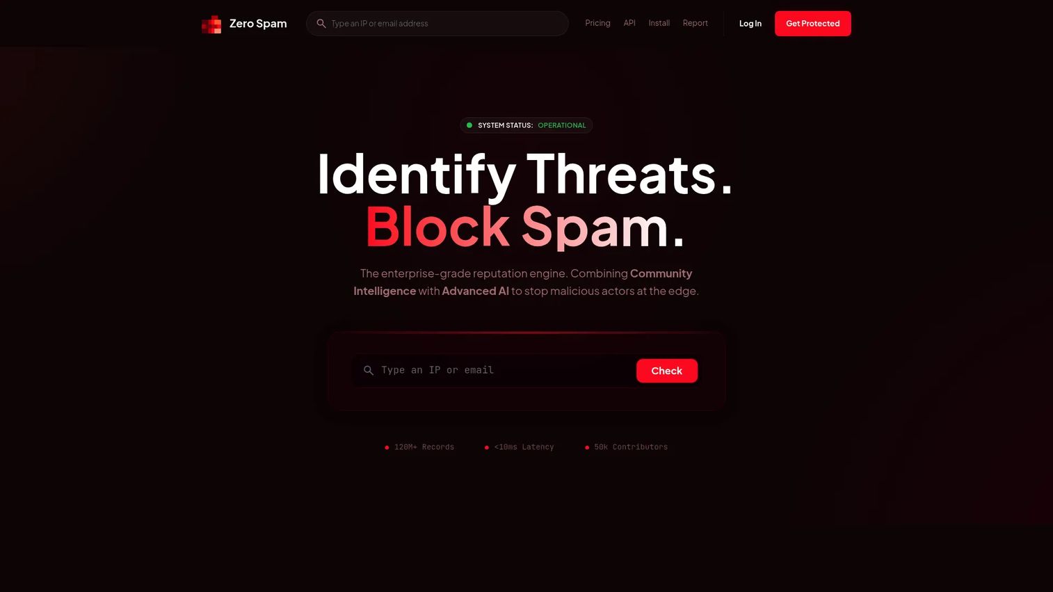 Zerospam homepage screenshot