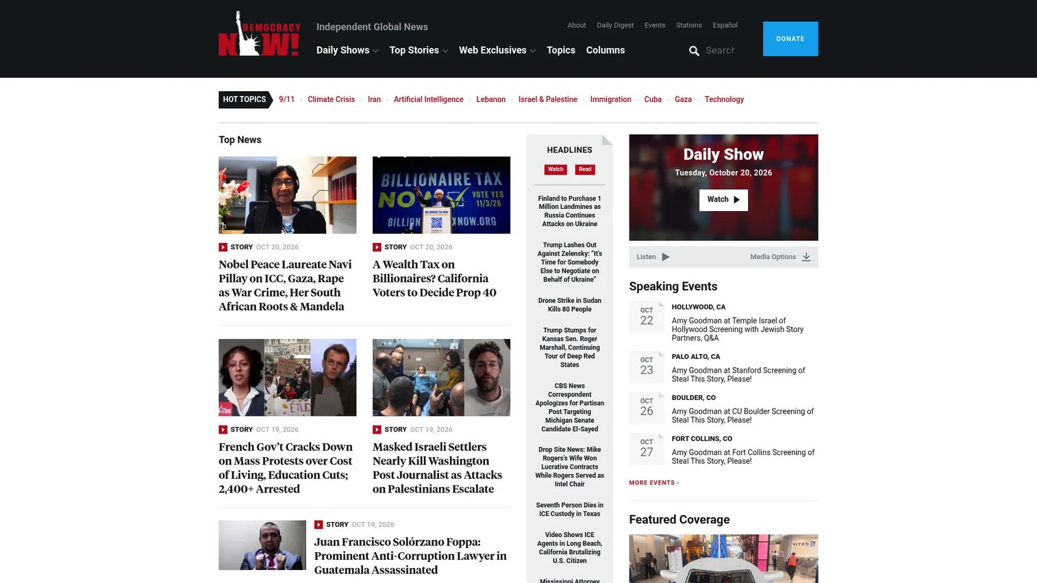 Democracy Now! homepage showing daily independent news broadcast