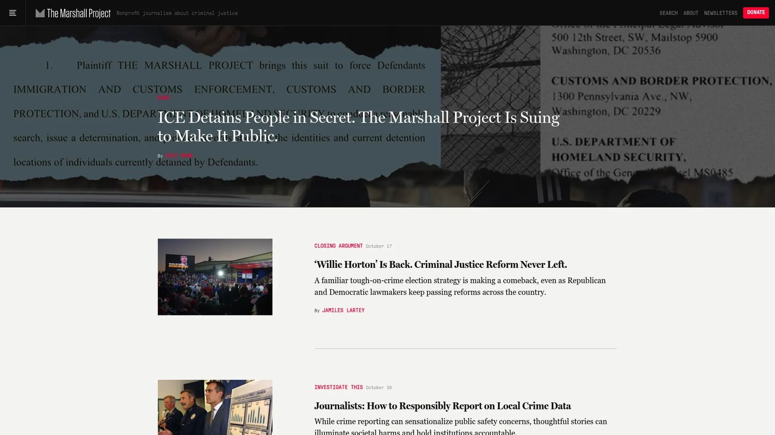 The Marshall Project homepage showing criminal justice journalism and reporting