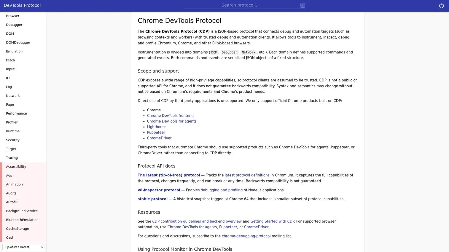 Chrome DevTools Protocol official documentation