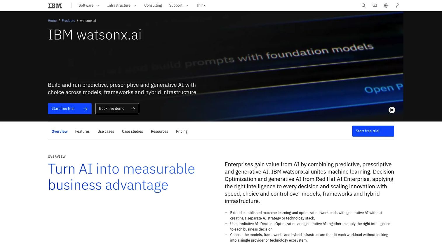 IBM watsonx.ai platform showing AI development studio, model tuning capabilities, and governance tooling for enterprise AI