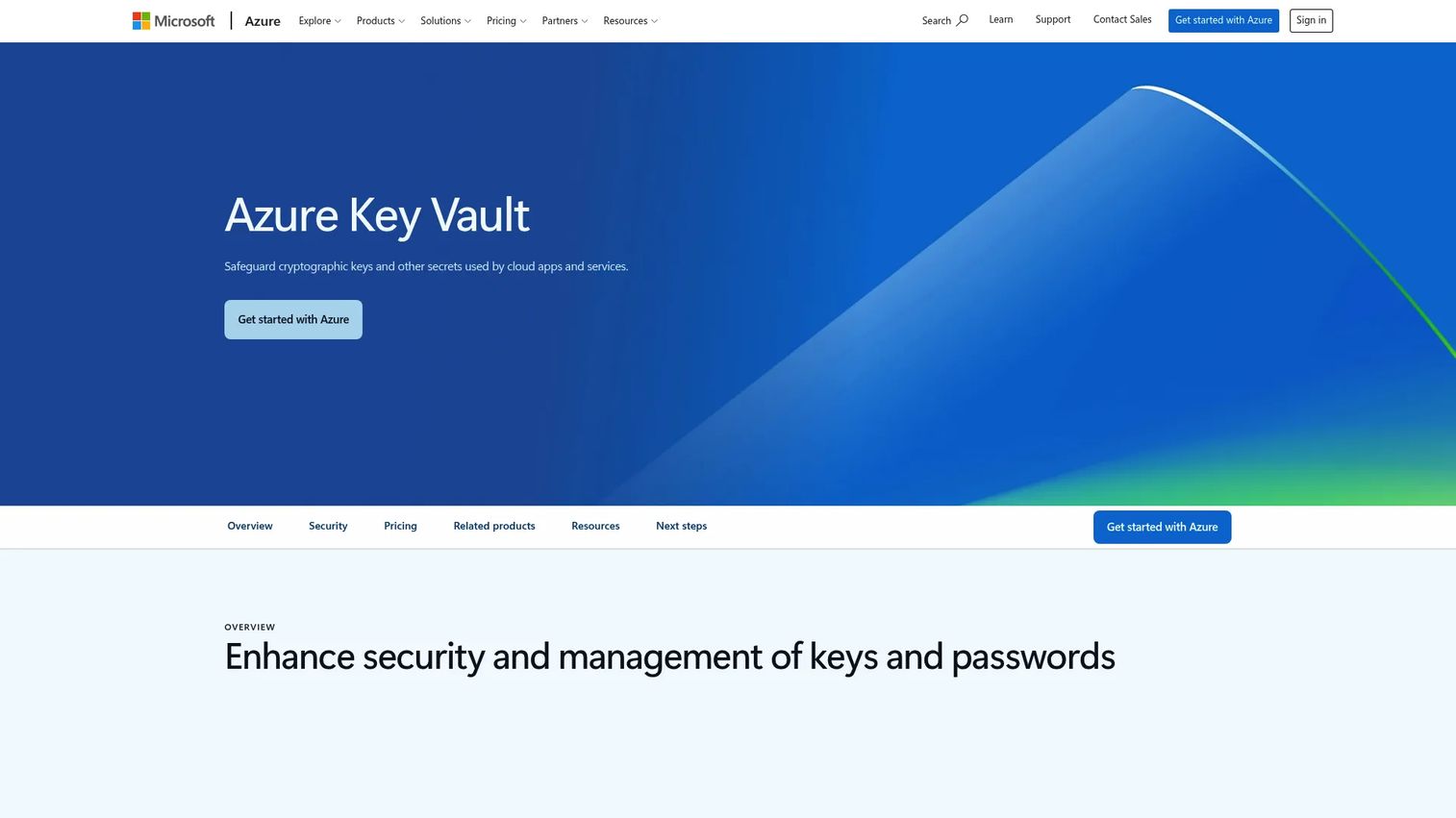 Microsoft Azure Key Vault homepage showing key and secret management interface