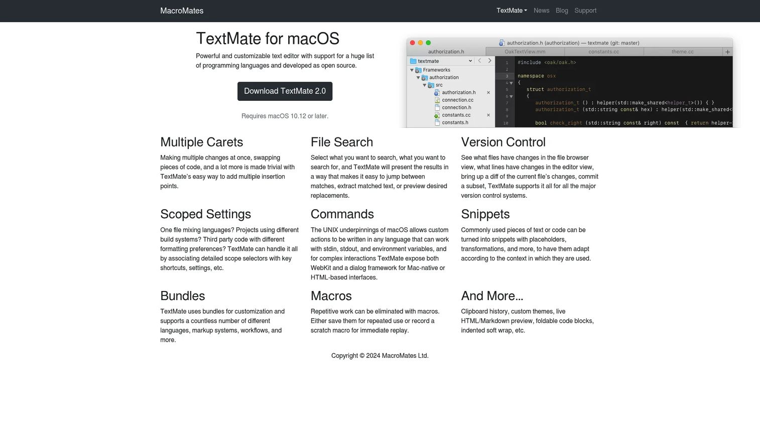 TextMate editor on macOS showing project files and source code