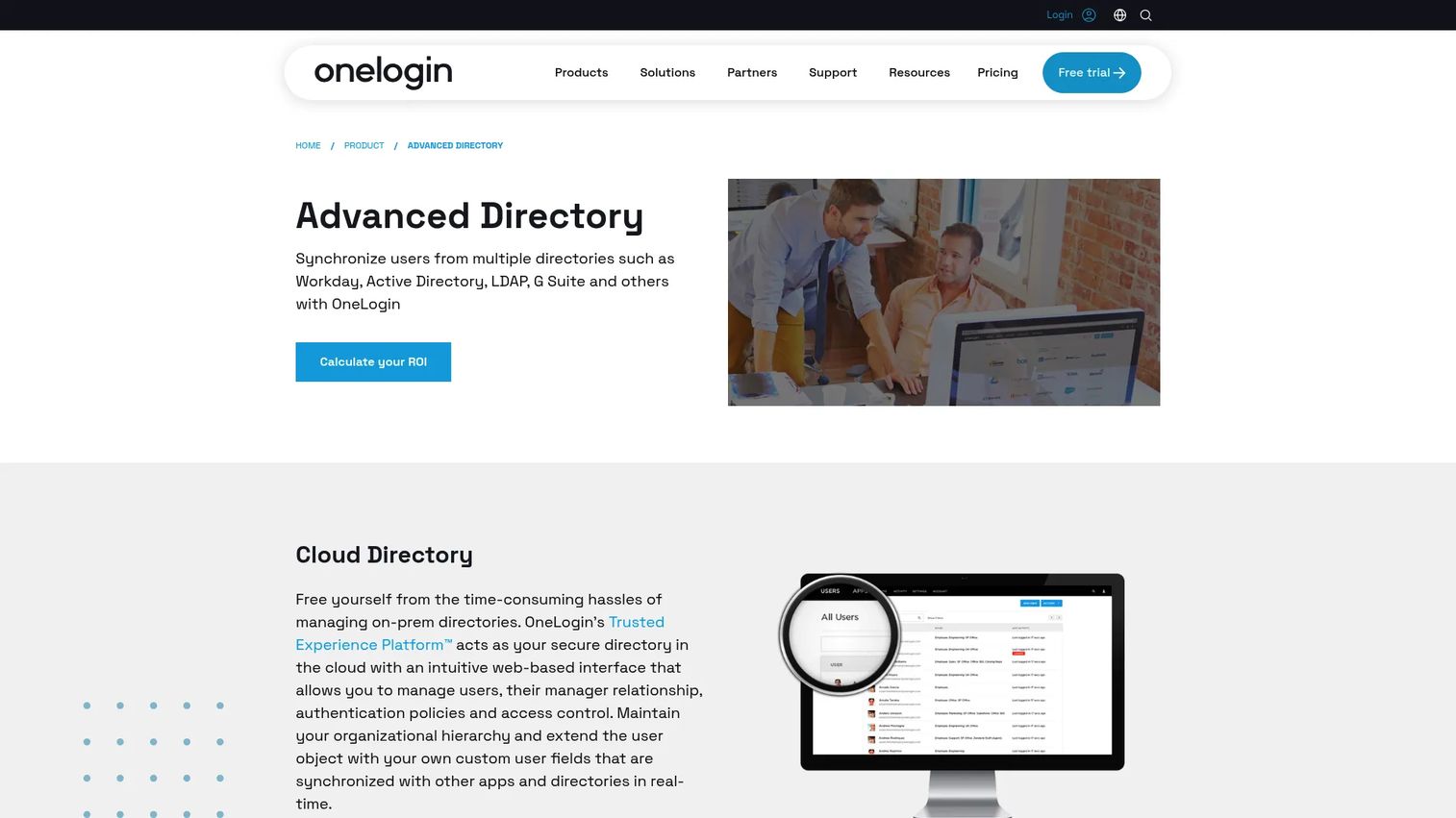 OneLogin Advanced Directory dashboard for user and application access.
