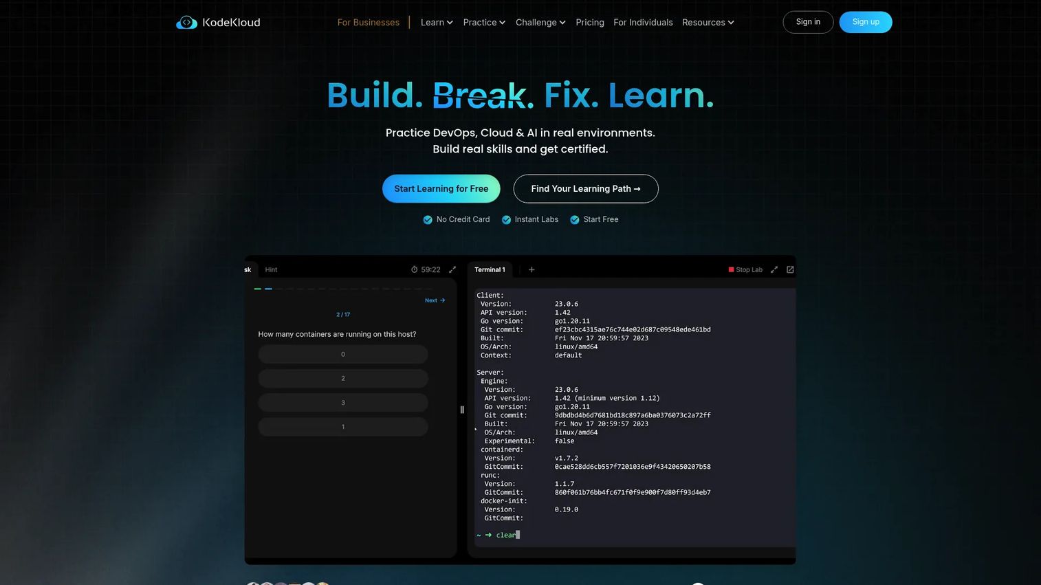 KodeKloud homepage screenshot showing the DevOps and cloud learning lab interface
