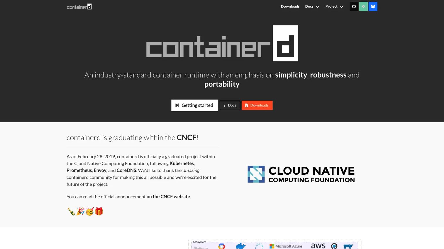 containerd homepage showing the industry-standard container runtime for OCI image and container lifecycle management