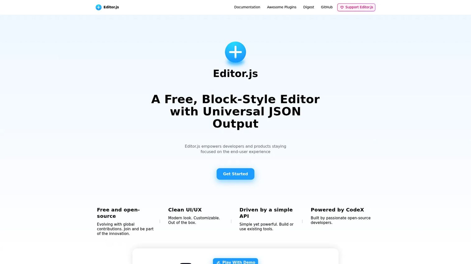Editor.js block editor with structured content blocks