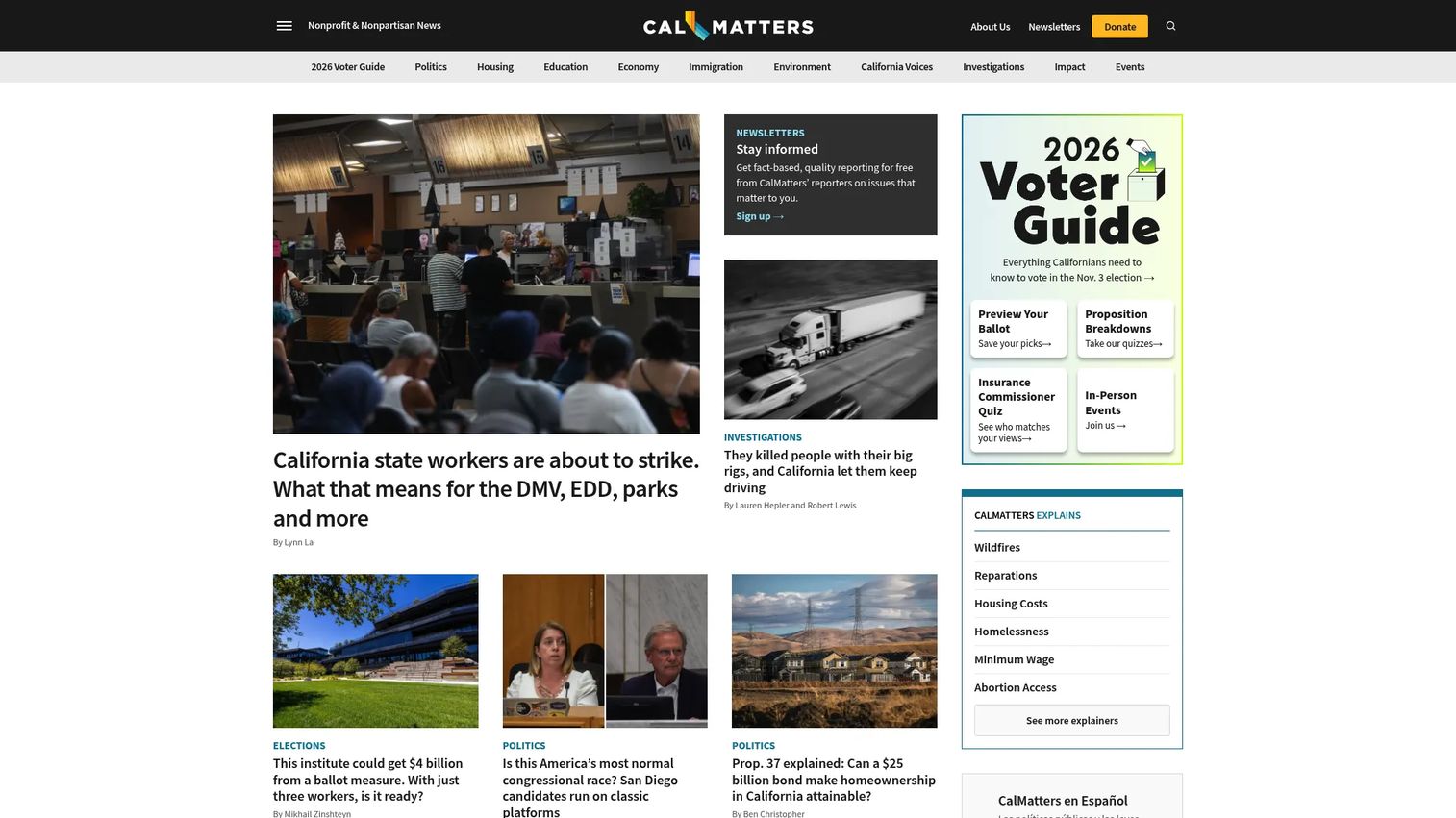 CalMatters homepage showing California policy journalism and statehouse reporting