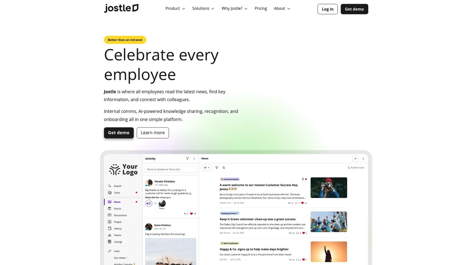 Jostle employee intranet feed with culture updates and recognition content
