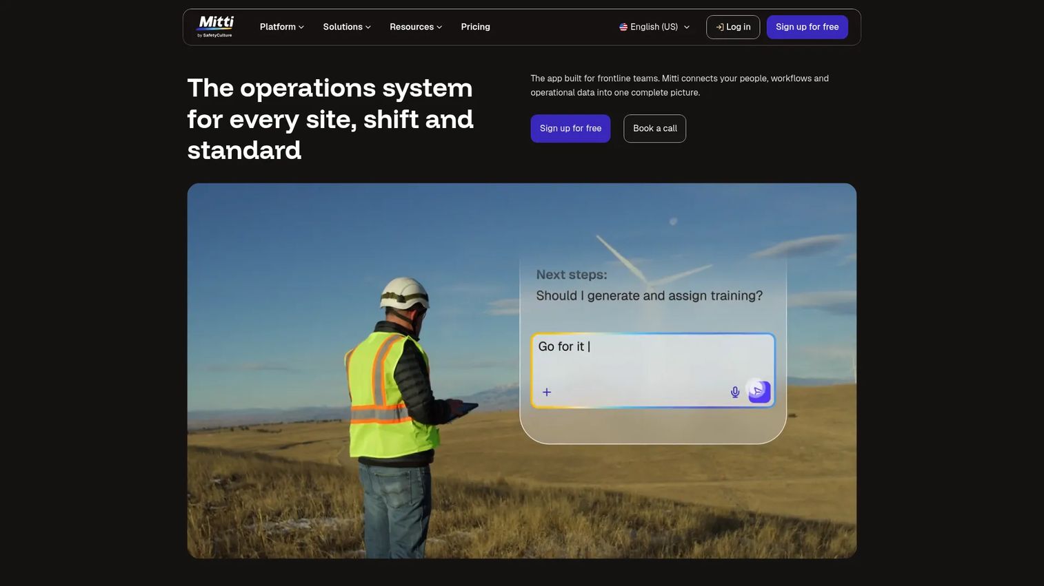 Mitti homepage screenshot showing workplace operations and safety platform