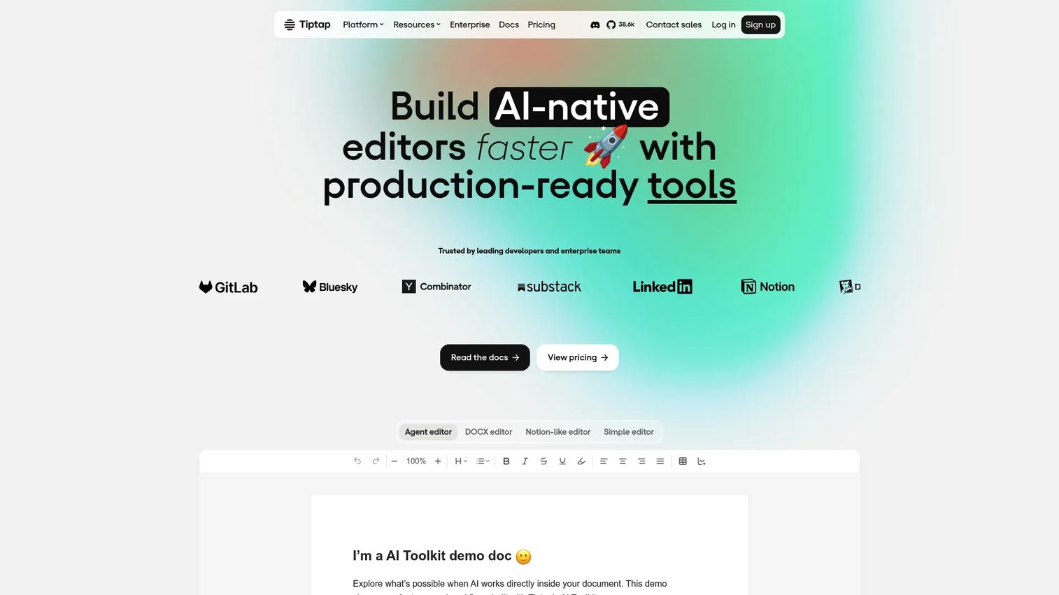 Tiptap headless editor configured inside a web application