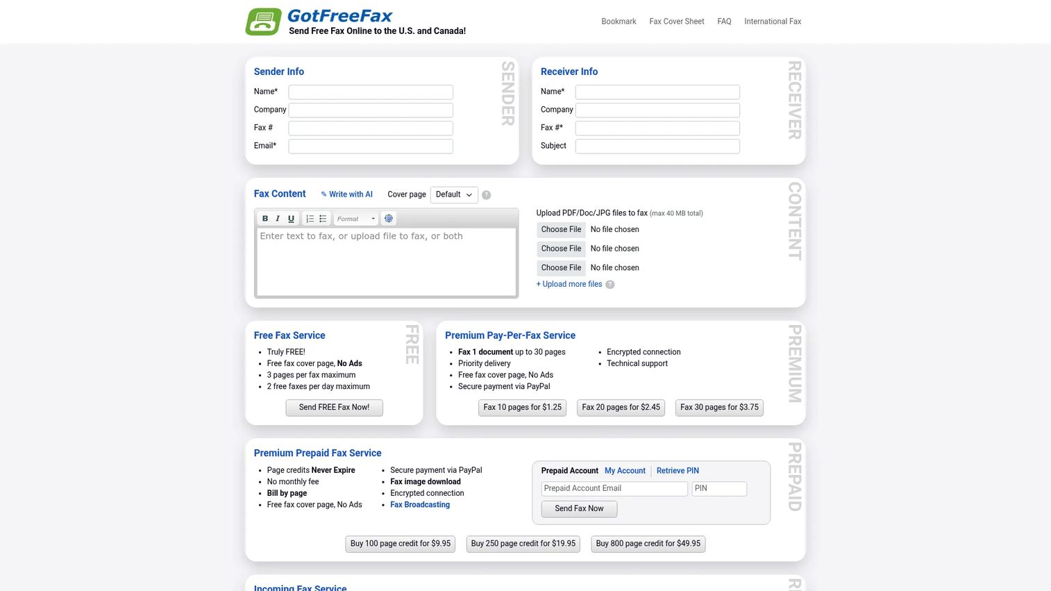 GotFreeFax online fax sending form