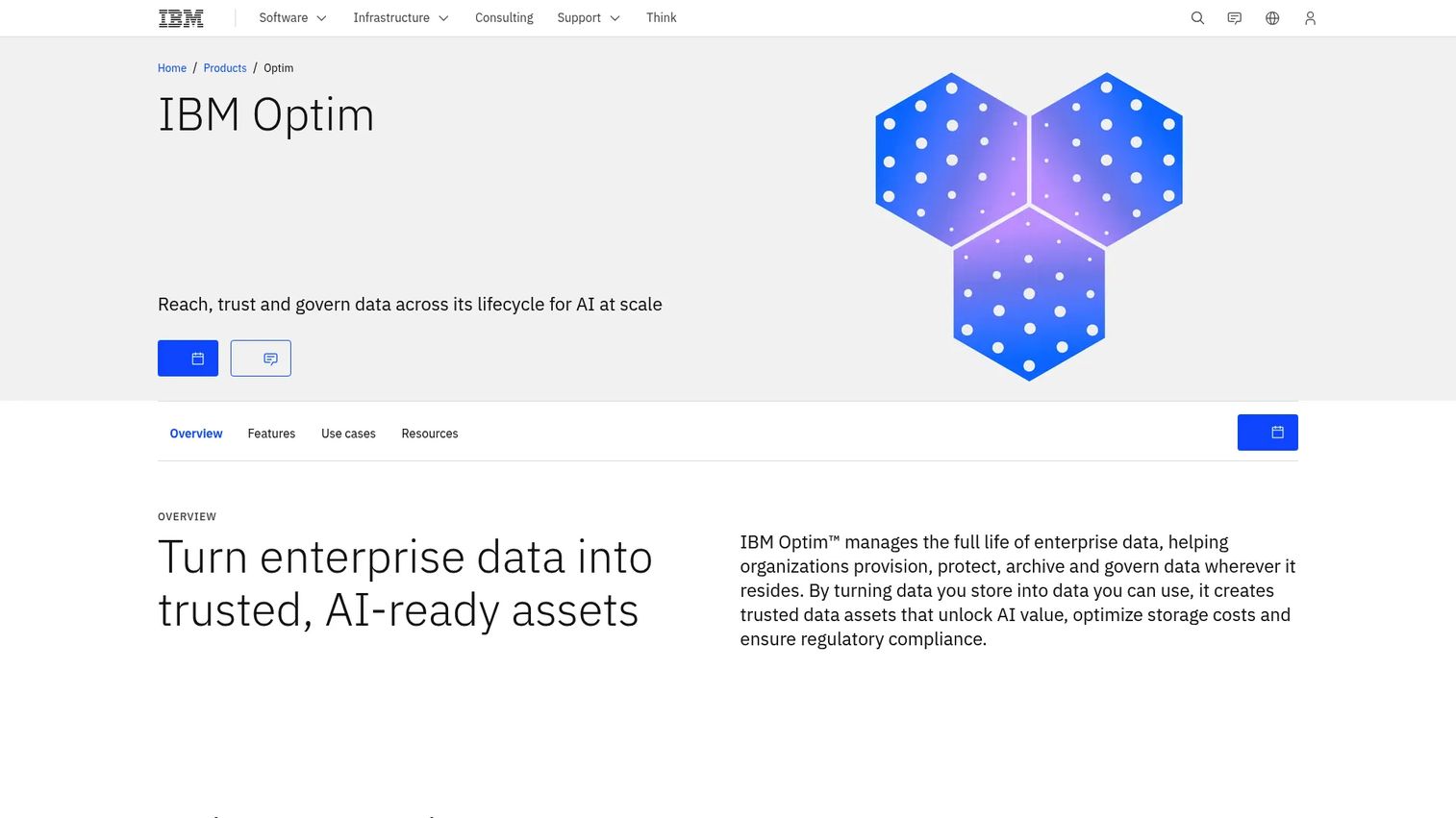 IBM InfoSphere Optim Archive screenshot showing enterprise database archiving, referential integrity preservation, and historical data access