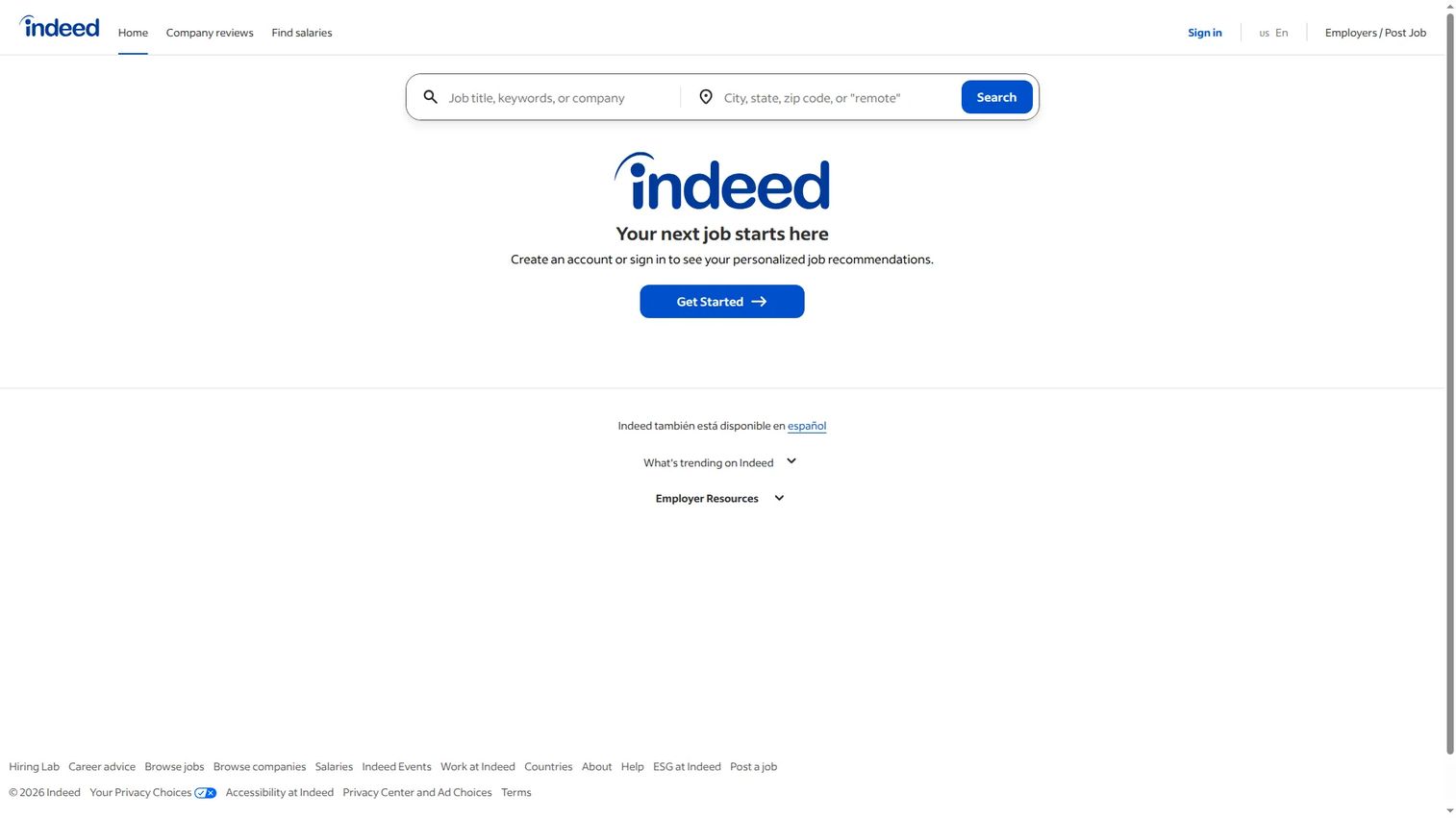 Indeed homepage screenshot