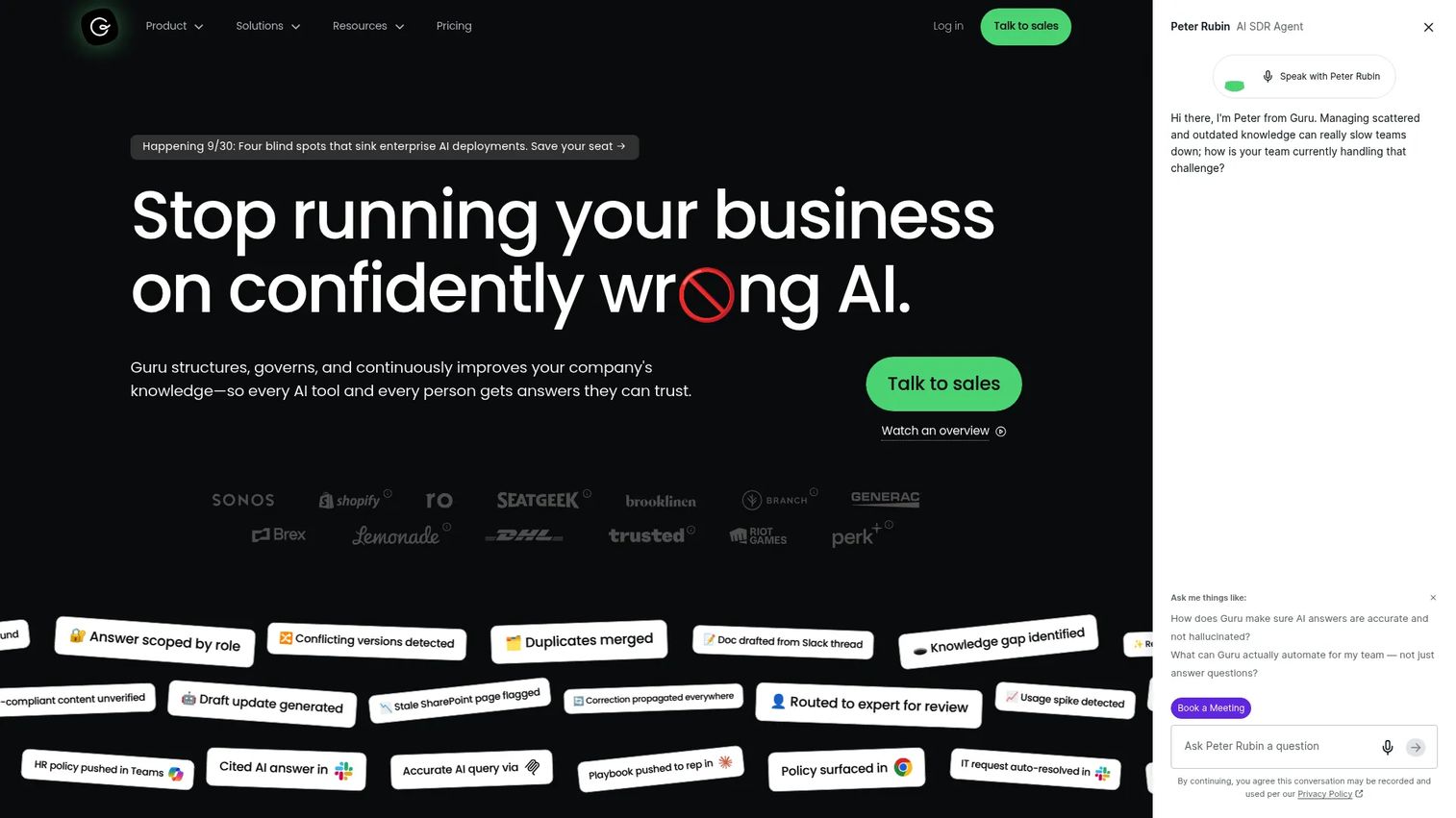 Guru AI knowledge platform interface