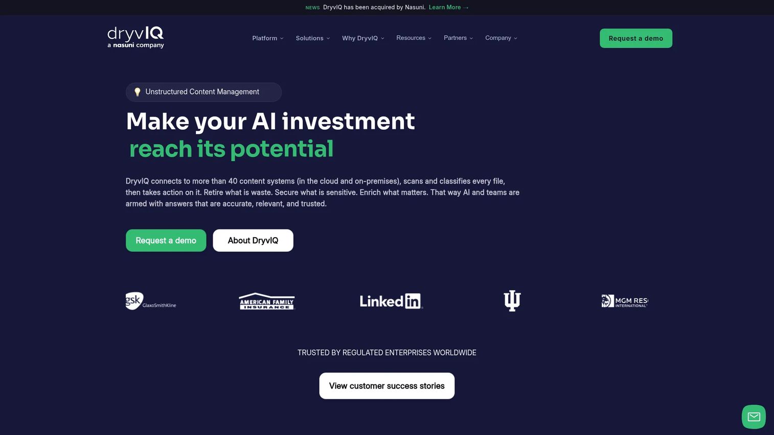 DryvIQ Platform homepage screenshot showing enterprise content management