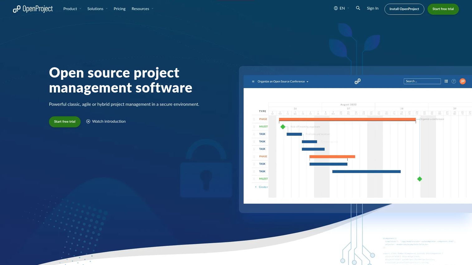 OpenProject homepage screenshot showing project management and meeting workflow interface