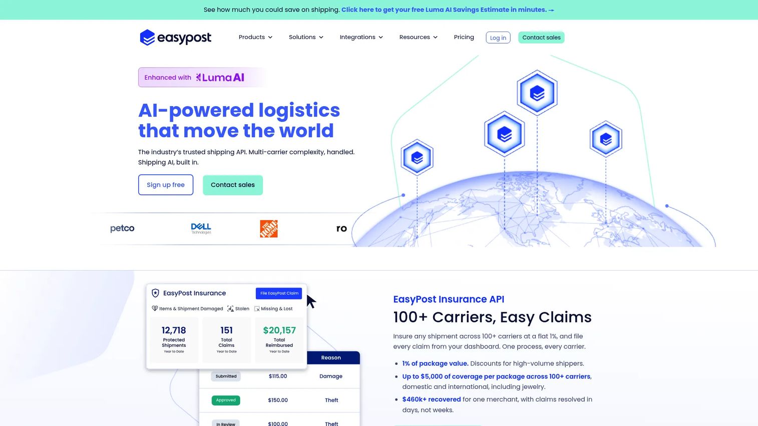 EasyPost shipping API dashboard with insurance and carrier workflow support