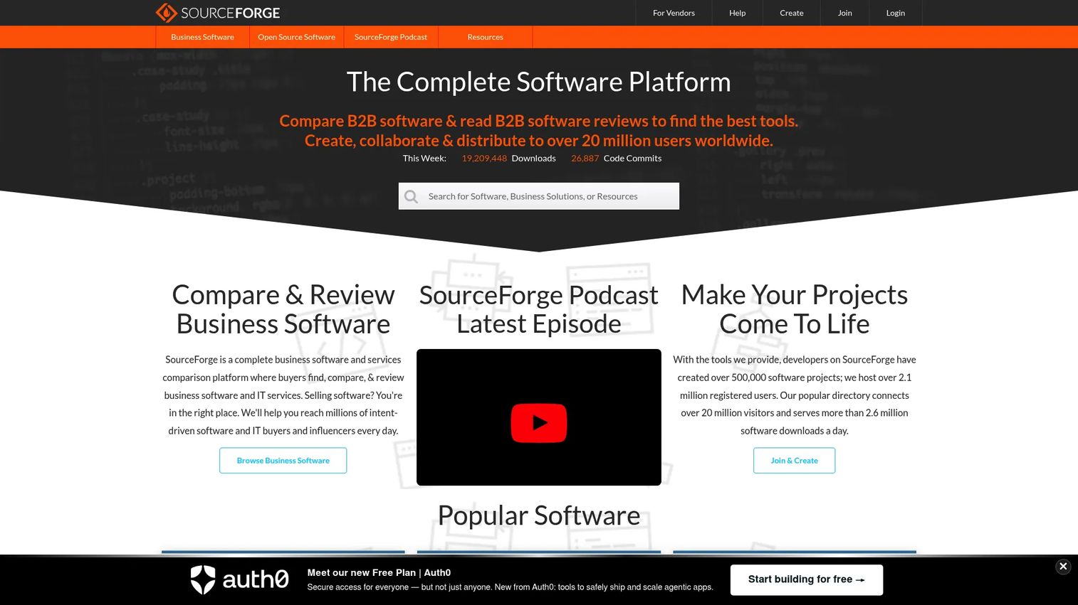 SourceForge software directory page with product listings, ratings, and comparison information