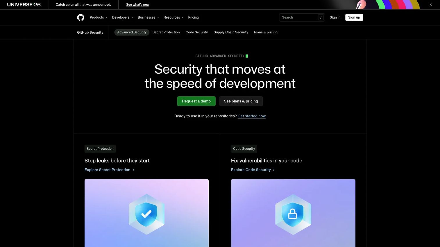 GitHub Advanced Security code scanning and secret scanning dashboard