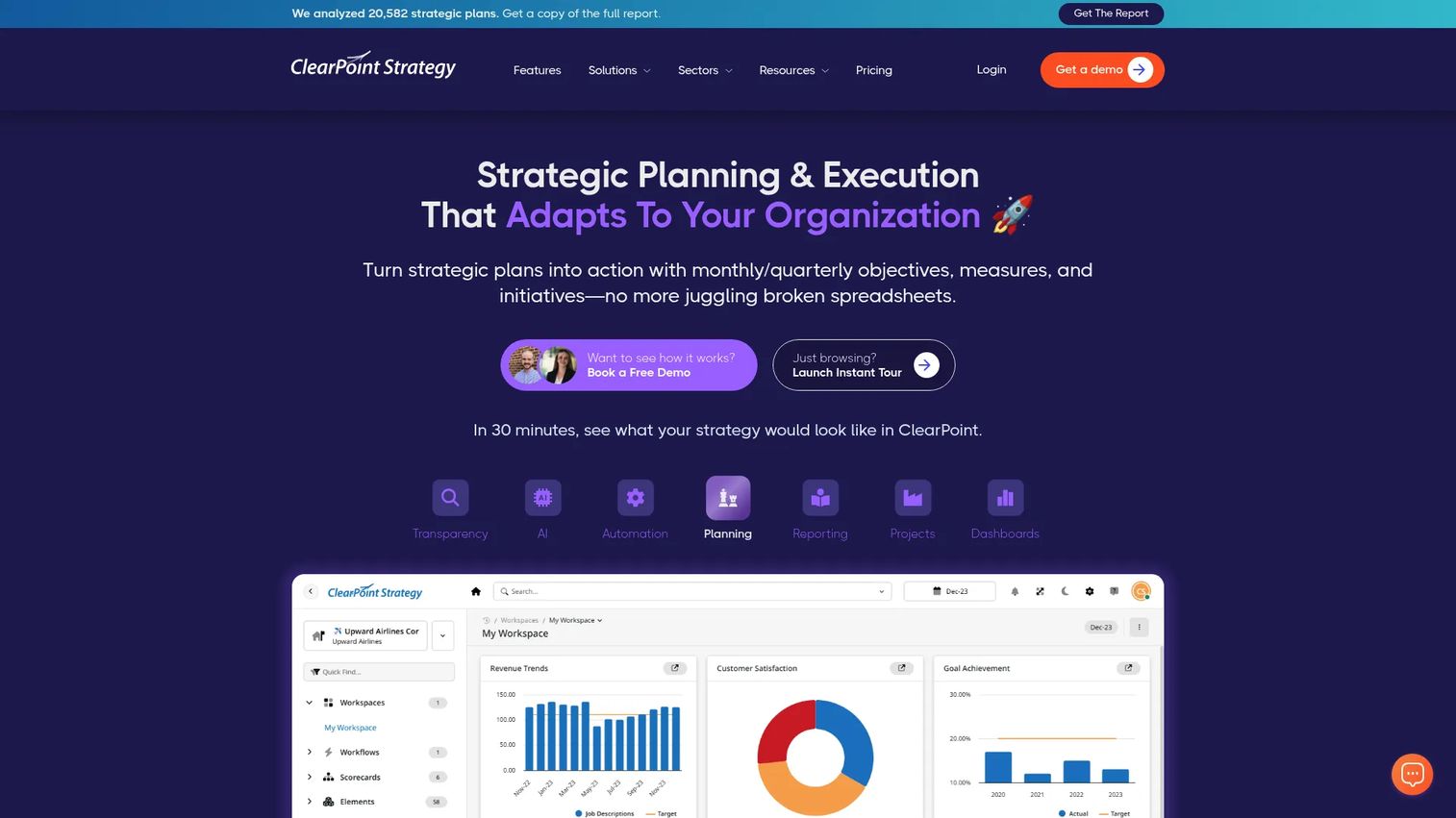 ClearPoint Strategy executive scorecard with KPIs and strategic objectives