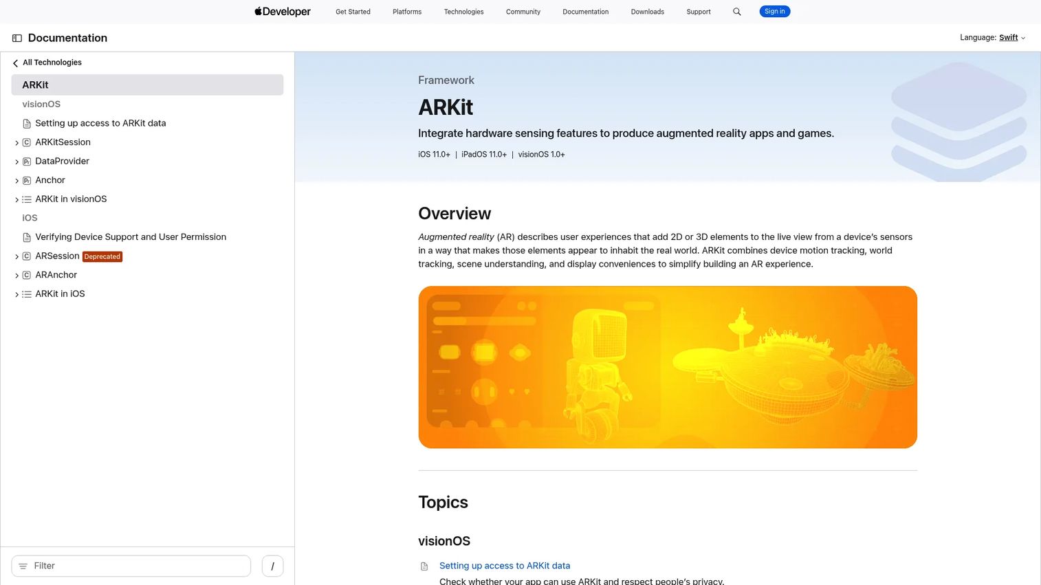 ARKit developer page showing Apple augmented reality framework