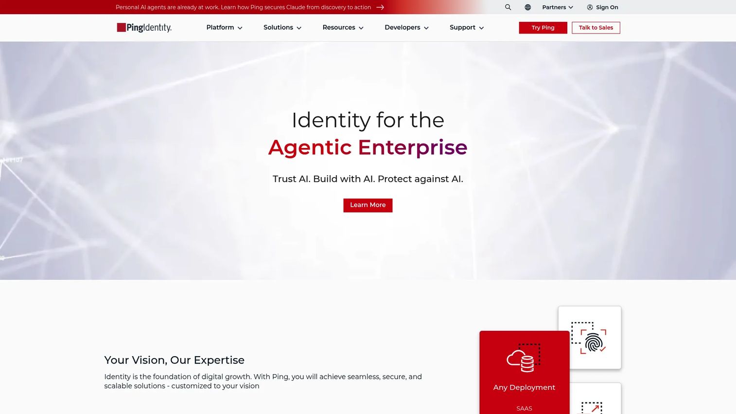Ping Identity homepage showing enterprise identity and access management